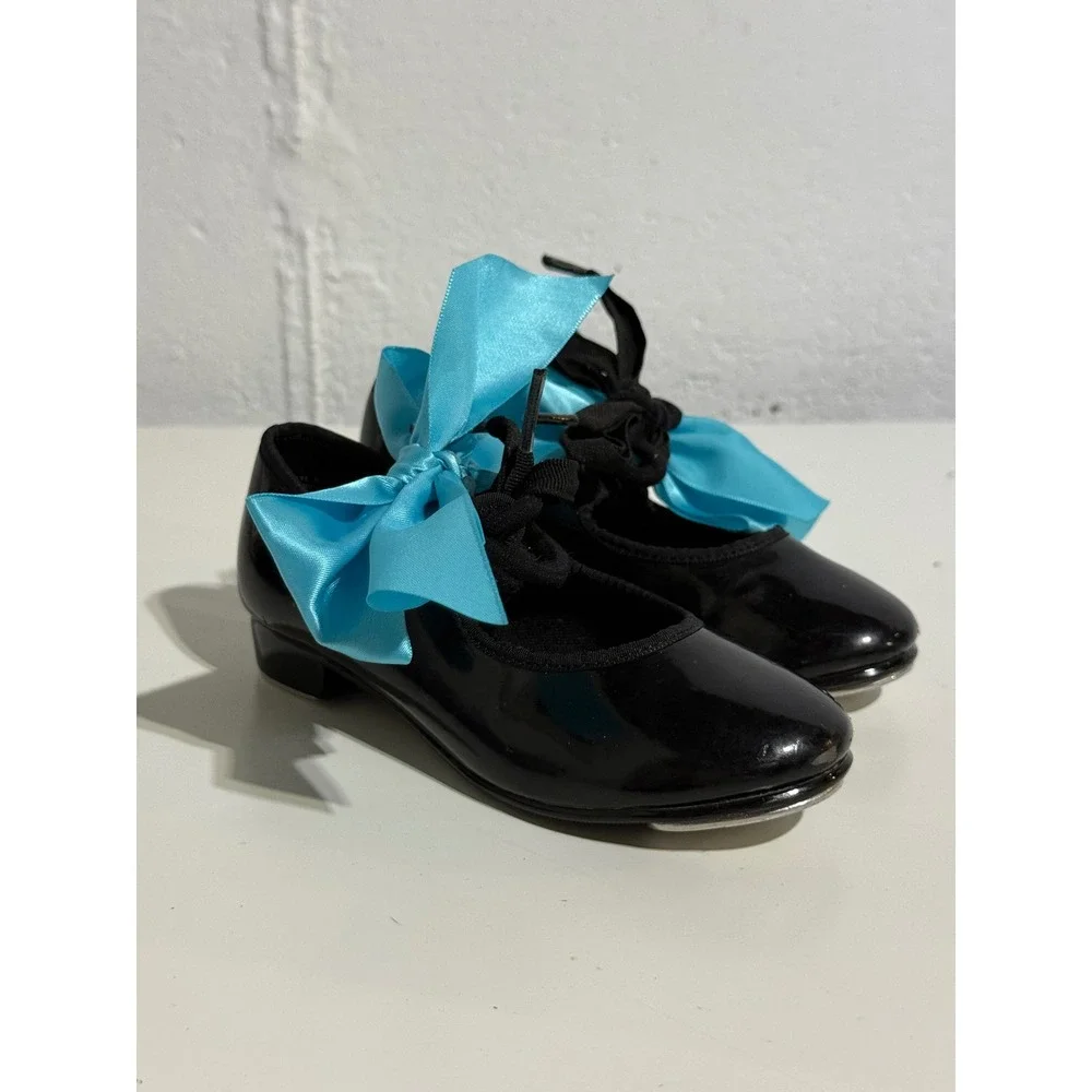 ABT American Ballet Theatre Kids Spotlights Tap Shoes Black Patent Blue Ribbon
